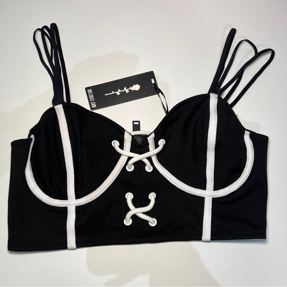 Black and white poster girl bustier crop top lace up detail
